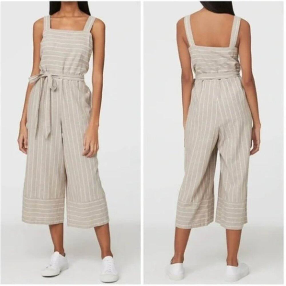 Beach Lunch Lounge Talia Linen Tan Beige Striped Wide Crop Leg Belted Jumpsuit
